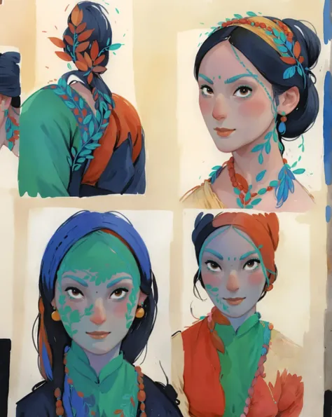 score_9, score_8_up, score_7_up, score_6_up, score_5_up, score_4_up, 4girls, vibrant skin, long_hair, wearing a vibrant long peasant medieval dress, detailed clothing, sketches, detailed thick gouache painting, illustration, in gougoupaintleaves style:1.5,...