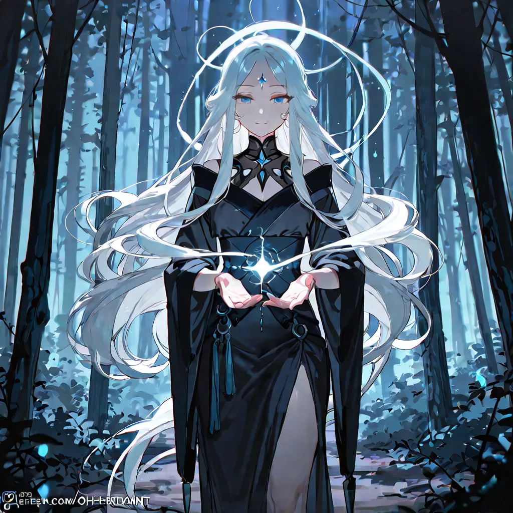 white hair, long hair, In the dark woods ,  blue eyes, 