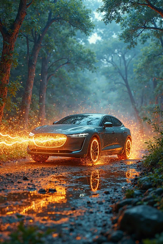  Key visual：The car quickly stormed out of the intertwined glowing vines，A golden arc bursts from a polar arc，The metal case with the outline of a Huanyao car，A translucent lightning texture appears on the inside。
▸ Background：dense rainforest-like vegetat...