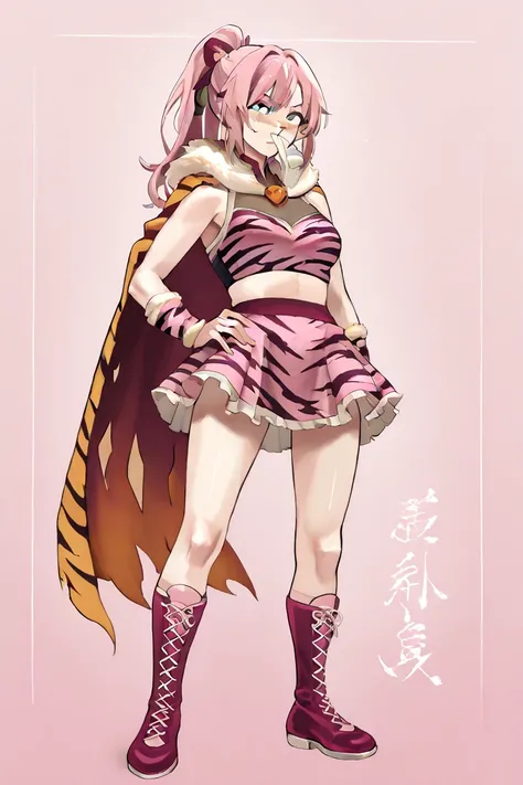 Full body frontal portrait, I am a Japanese female wrestler, I am the female idol wrestler Princess Tiger, I am the WWE lightweight champion, my hair is in a ponytail, the mask is on my nose and my face is visible from my nose down, my costume is a see-thr...