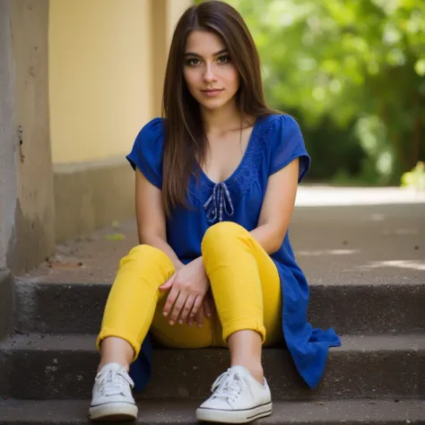 woman sit on a staircase. Has a blue blouse on. A pair of yellow jeans, and sneakers.  Has yellow shoes on.    style photorealistic ,  sharp focus, very detailed, sunlight, Detail,  full body