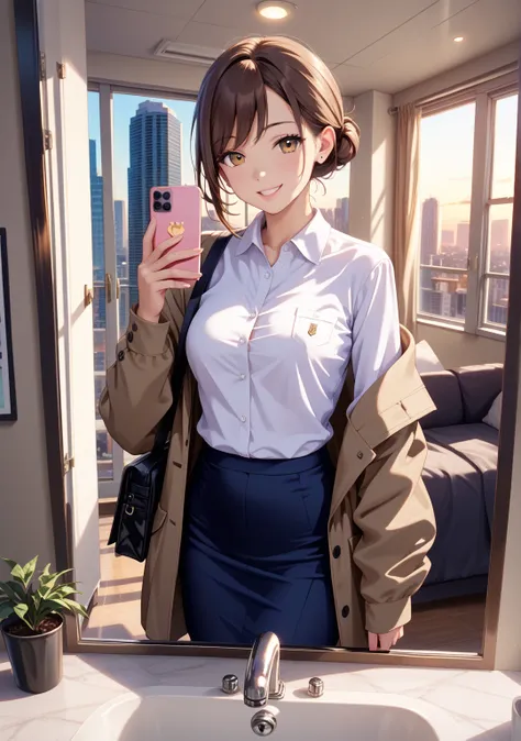 1 girl,office lady,navy skirt,low bun,brown hair,brown eye,short hair,swept bangs,smile,evening,city,Returning Home,walk,navy jacket ,white shirt,bag,Selfie,reflection in a  Window