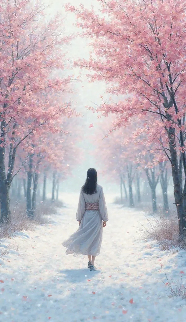 Mancheng Cherry Blossoms,Backdrop of a girl leaving a snowy road