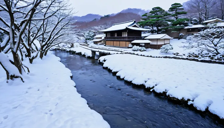 snowy scene of a house and a stream in a snowy country setting,  inspired by Higashiyama Kaii, winter setting,  Japanese countryside, 川瀬巴水に触発されて,  cold but beautiful,  Japanese countryside,  Japanese countryside,  Japan Countryside Trip , 川瀬巴水に触発されて, snow,...