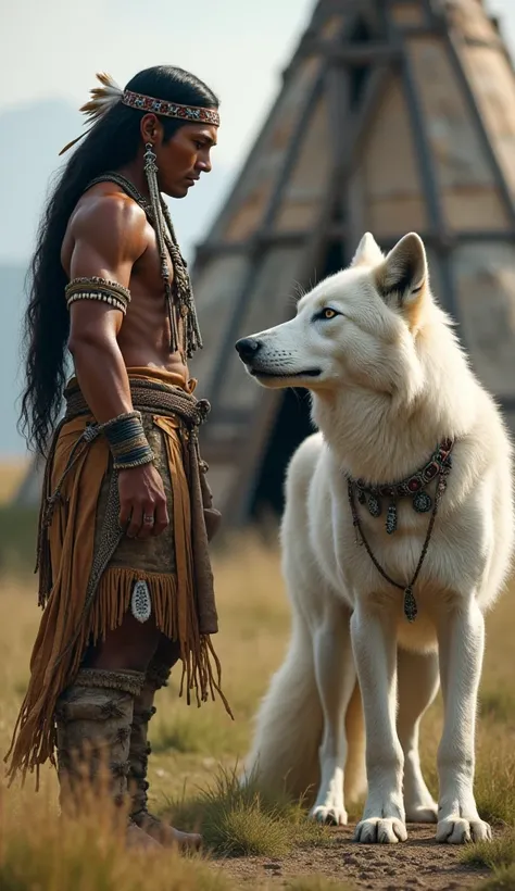 to create, An American Indian and a white wolf. And in the background an Indian house.