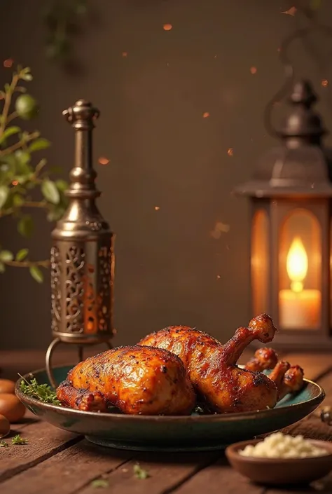 I need a picture that reflects the atmosphere of Ramadan and the Ramadan cannon consists of grilled chicken and a lantern 