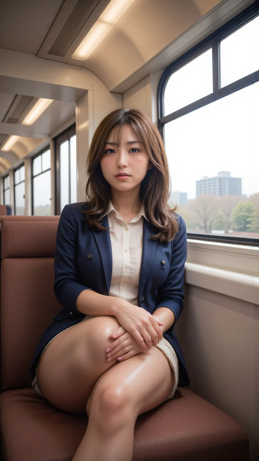  super realistic,  This is a realistic depiction of a Japanese woman sitting in a train seat.  she's wearing clothes ,  Includes blazers in random colors , white shirt, pleated skirt .   her dark hair is simply  ,   and she has a thoughtful look  .   her t...