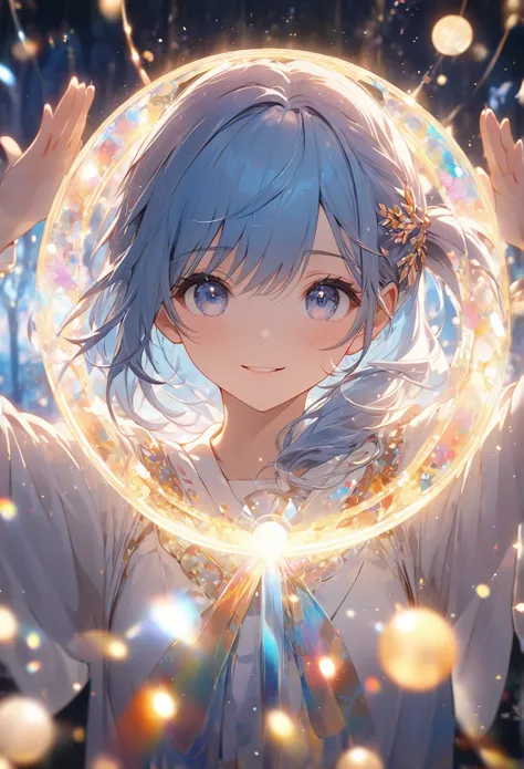 masterpiece, Highest quality, highly detailed CG unity 8K wallpaper, cheers,  arms raised,, (soft focus):1.2,  side-ponytail , Dreamy Atmosphere, Shining circle, Fascinating Depth , 2.5D Art