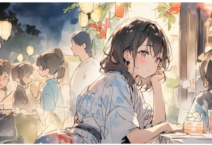  masterpiece,top quality,ultra high resolution, high definition background,8k,high quality, rest ,flower,girl,  Japanese cartoon style ,  sketch, Watercolor color .festivities,Matsuri ,summer night,Yukata,black hair,Lyrical, emotional , Japanese background...