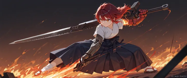 (best quality), high detailed, holding sword, (big weapon), (attack stance:1.1), action pose, oversized iron sword, Girl, mechanical arm, burning arm, Ruby blade, (Slash), serious, hakama, beautiful eyes, super fine eyes, (Close-up:1.1)