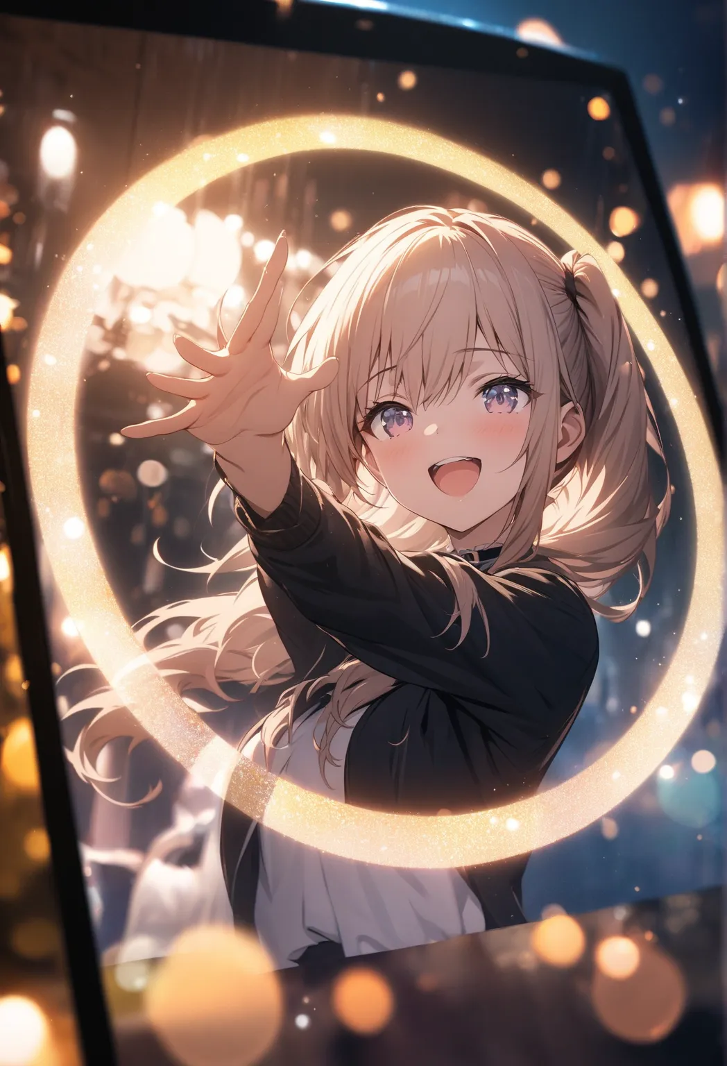 masterpiece, Highest quality, highly detailed CG unity 8K wallpaper, cheers,  arms raised,  (soft focus):1.2,  side-ponytail , Dreamy Atmosphere, Shining circle, Fascinating Depth , 2.5D Art