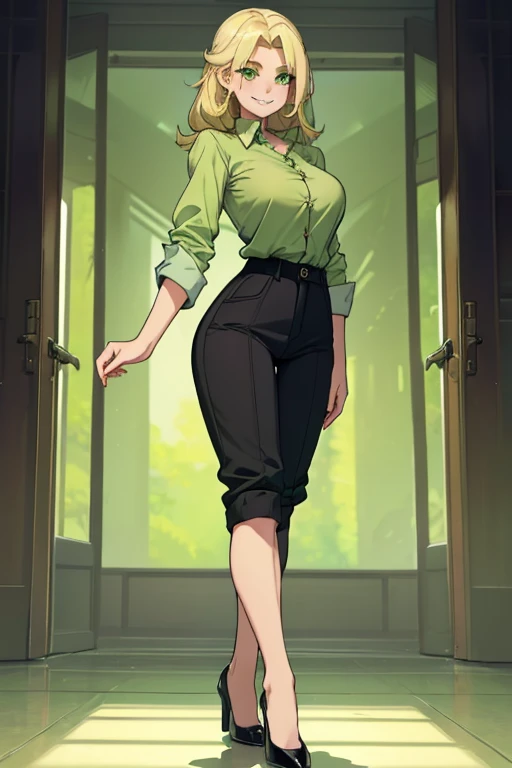 female, long pale blonde hair, green eyes, (((1girl))), (((light green button up shirt with sleeves rolled up))), (black trousers), (black heeled shoes), cute and sexy, full body, huge breasts, long legs, smiling, shirt untucked