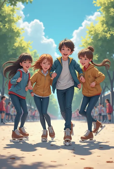  Four friends , two boys and two girls, skates with uniform, all with pants , at school 