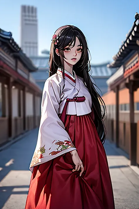 (((gfyuju ))), ((((black long hair)))), black eyes, (((Korean traditional clothing))), hanbok, dangui, surpassing,  best aesthetic , new, recent, Best quality,  masterpiece, very detailed),  masterpiece,  1girl , Solo, sky, flower, 벚flower, Plum Blossom , ...