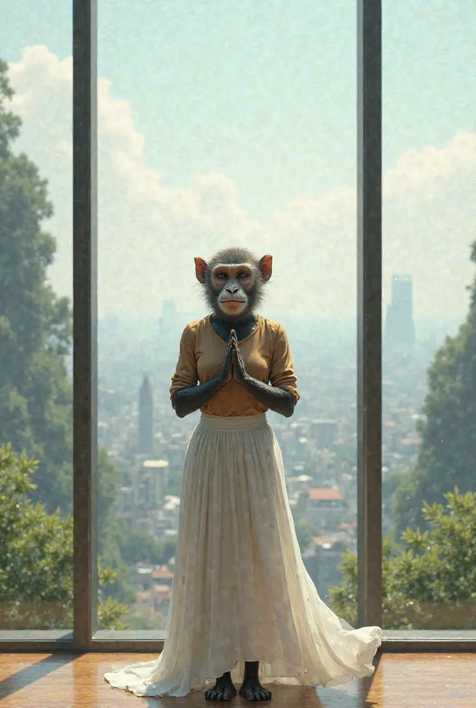 Monkey in white long skirt with brown blouse, hands together, in front of a very large glass window overlooking buildings and trees.