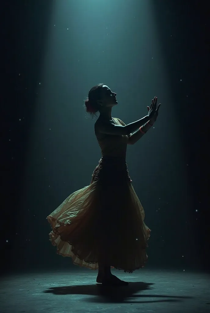 A girl in darkness performing kathak dance 
A small gredient light of saurce on her, 16:9