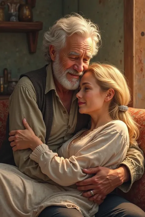 create an image of an old man hugging in a warmer way with a beautiful and hot 24 year old blonde woman, both with clothes on and her sitting on his lap and both looking straight ahead