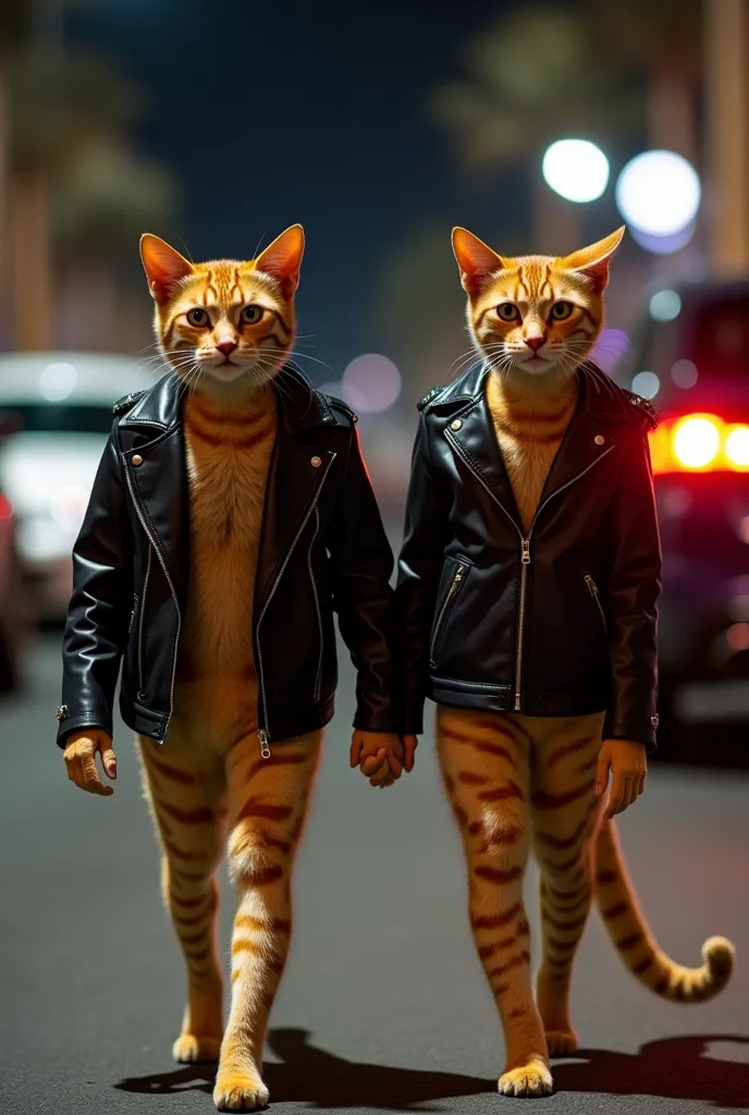 Make a pair of very thin traditional cats with yellowish stripes like the project of the cats at the bar, a male and a female cat walking hand in hand at a car show in Dubai at night as if they were us,  They are wearing a black leather jacket and it is to...