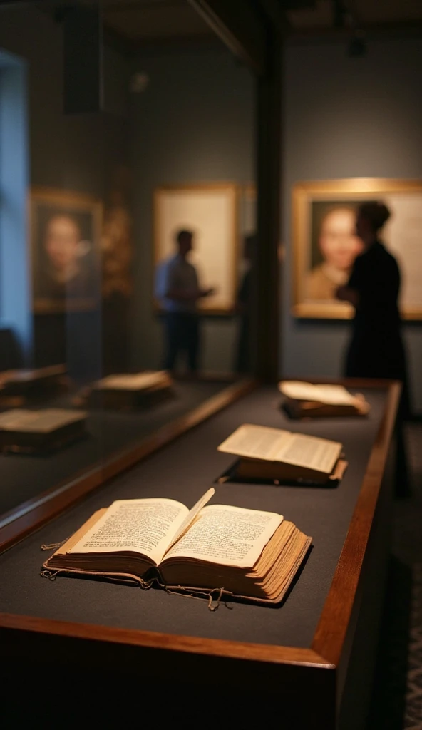  The diary is on display at a museum,  illuminated by a soft light . around, Visitors look on with emotion, reflecting on the story of Anne. The scene conveys the importance of its message to future generations