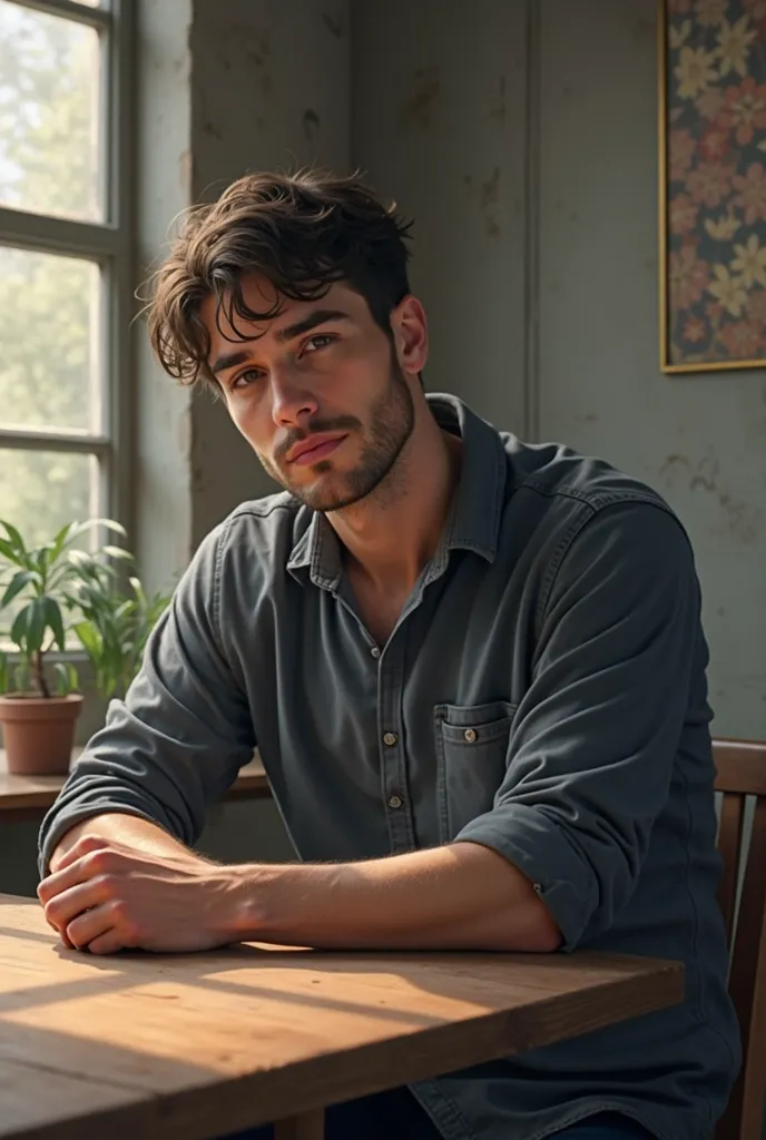 Man sitting at a table with a calm attitude, stable