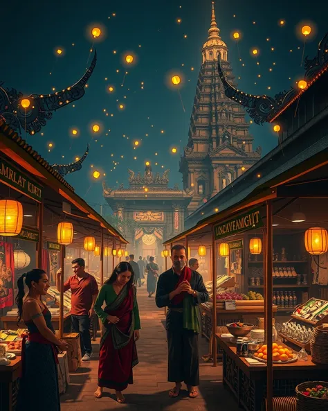 Magical night market in Majapahit Empire. Vendors sell shape-shifting *keris*, glowing *jamu* potions, and floating *kembang api*. Topeng dancers summon ancestral spirits under paper lanterns. Stone temples lit by fireflies. Don Lawrence’s warm golden ligh...