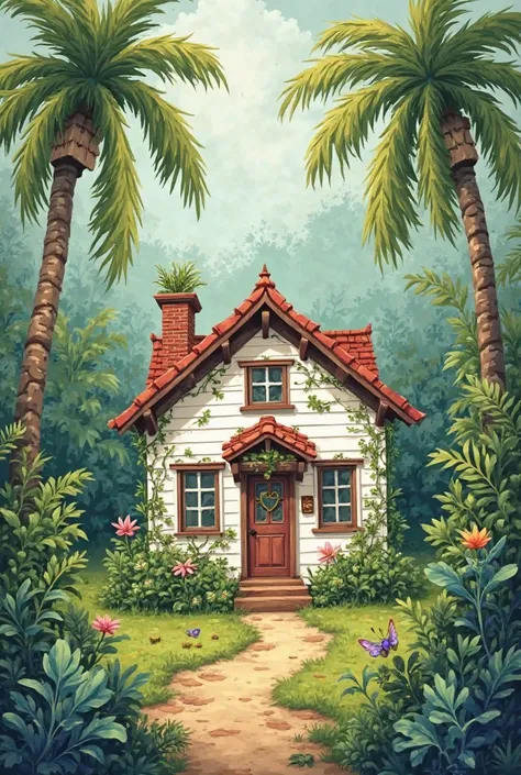 Drawing of a little white house in the jungle