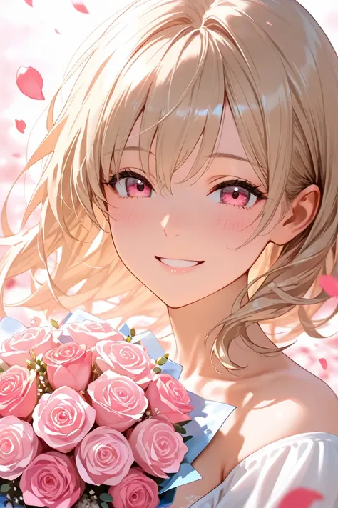 bouquet,solo,One Beautiful Girl, petals, smile,Portrait