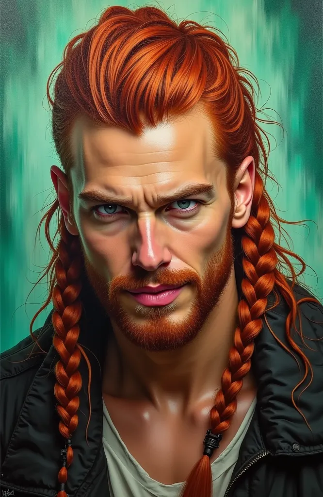 High-quality realistic acrylic art,  bright colors , man with exotic appearance, very sexy man, long red hair combed into a modern hairstyle, Viking braid,  detailed face, detailed lips, detailed eyes, you can see , looks at us directly, sexy but discreet ...