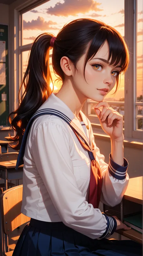 a high school girl with black hair in a sailor suit with a dark ponytail、sitting by the window in the classroom after school。The light of the sunset shines in、looking outside while wearing a cheek cane。Slightly listless expression 。The warm orange light en...