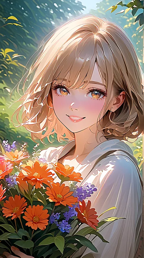 A beautiful illustration of a girl gazing at the camera while holding a colorful bouquet of flowers. Her smile and the colors of the flowers will lift the spirits of anyone who sees them.