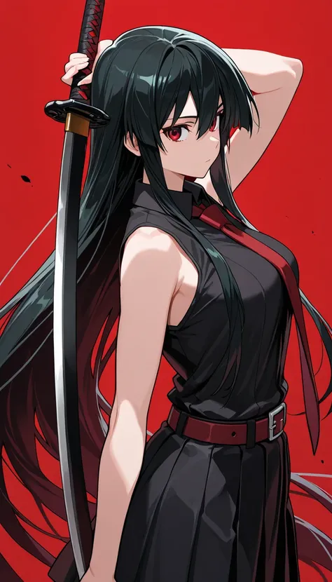 1girl,solo,akame, long hair, black hair, red eyes, hair between eyes, skirt, dress, necktie, sleeveless, belt, shirt, black shirt, collared shirt, red necktie, black skirt, side view, centered shoulders up view, top half of body, samurai sword, pose, high ...