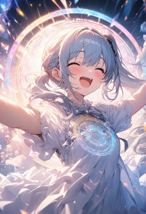 masterpiece, Highest quality, highly detailed CG unity 8K wallpaper, cheers,  arms raised,  (soft focus):1.2,  side-ponytail , Dreamy Atmosphere, Shining circle, Fascinating Depth , 2.5D Art