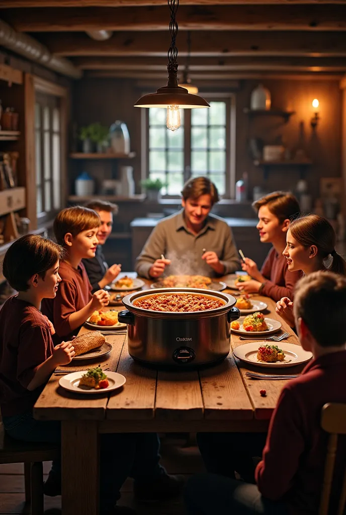 A rustic kitchen with a large crock-pot with beans and sausage, Loaf of bread and several diners