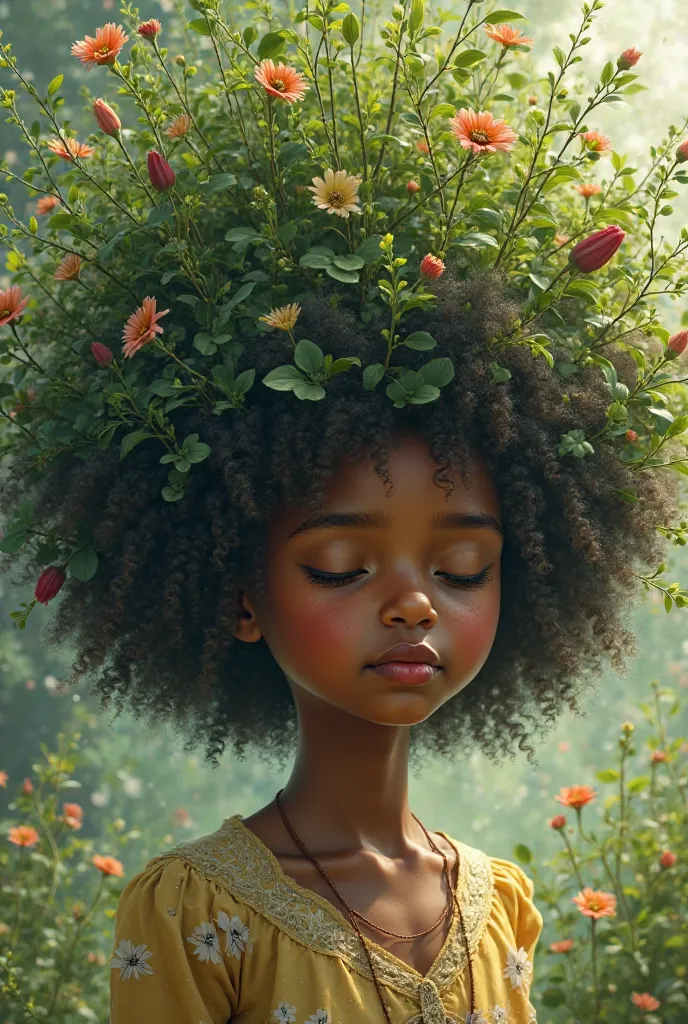 A girl afro hair is a tree leaves