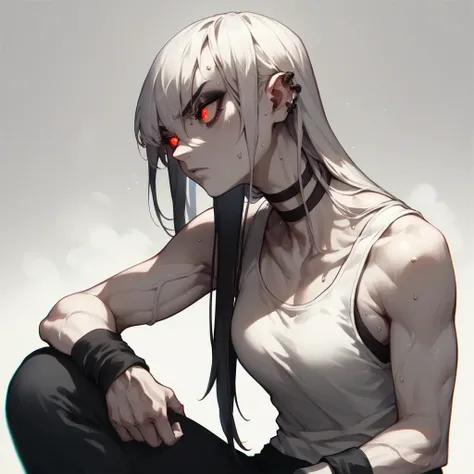 A ash pale skin goth girl long black bob long fringe hair glowing red eyes,white tank top,black sweat pants,bulging veins ,black wristbands,