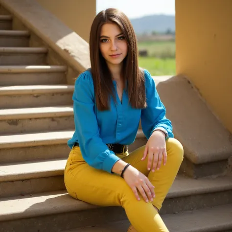 woman sits on a staircase. Does a blue blouse have on. A pair of yellow jeans, and sneakers.  Has yellow shoes on.    style photorealistic ,  sharp focus, very detailed, sunlight, Detail,  full body