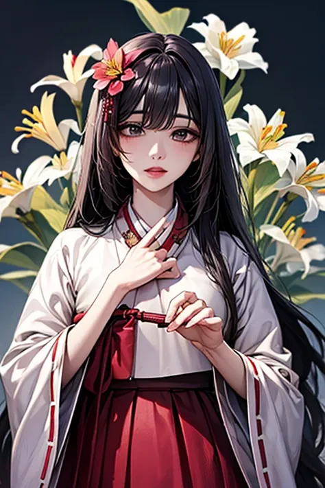 (((gfyuju ))), ((((black long hair)))), black eyes, (((Korean traditional clothing))), hanbok, dangui, surpassing,  best aesthetic , new, recent, Best quality,  masterpiece, very detailed),  masterpiece,  1girl , Solo, sky, flower, 벚flower, Plum Blossom , ...