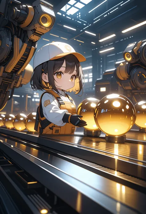 (best quality, masterpiece, ultra highres, ultra-detailed) ,A chibi-girl working in a high-tech factory, carefully placing glowing golden orbs into metal cans as they move along a conveyor belt. She wears a white industrial uniform, including a cap and glo...