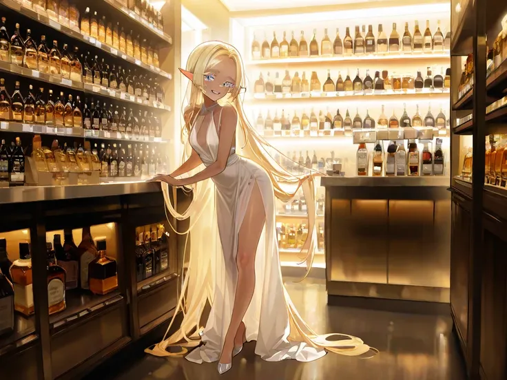 ,Very light white, pinkish skin,Shiny skin,Very long blonde hair,Large pale blue eyes,Thick blonde lashes,Pointed ears,Long nails,Slim body,full body,elf,16k,Smile, teeth,Next to the liquor store