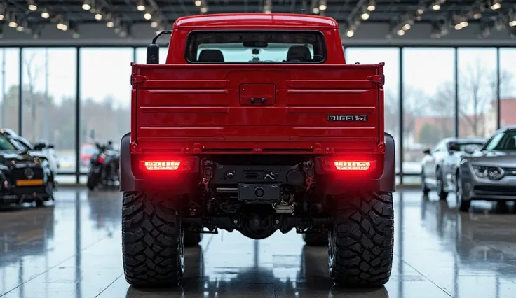 A detailed and realistic back bumper view of the ,, ( 2025 Mercedes - Benz Unimog U2450  8×8) in ( Red) colour showcasing its sleek grille,sharp led back lights, and aerodynamic design the setting is a modern showroom with a glossy floor and large glass Wi...