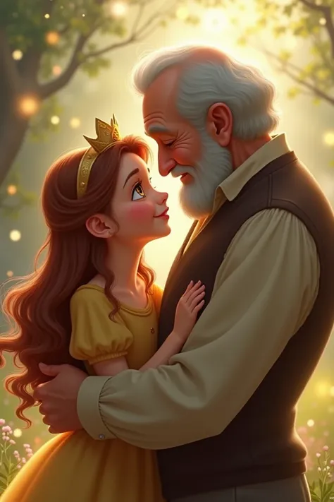 Baby Disney princess repenzle holding her grandpa and they are both standing and looking at each other eye, and a caption written lilly and the prince of peace 