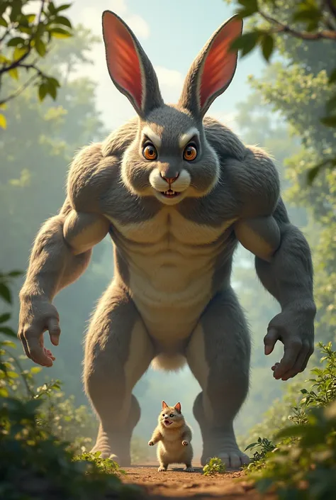 Then fewa month rabbit become giant rabbit and kill dog for cat's revenge 3d pixar ultra-realistic 