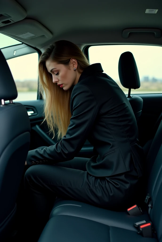 Create an image set inside a small, cramped car. The front seats have been removed, leaving more space in the back. A woman is sitting on the back seat, dressed in a stylish suit. The car is so small and claustrophobic that the woman has to hunch over and ...