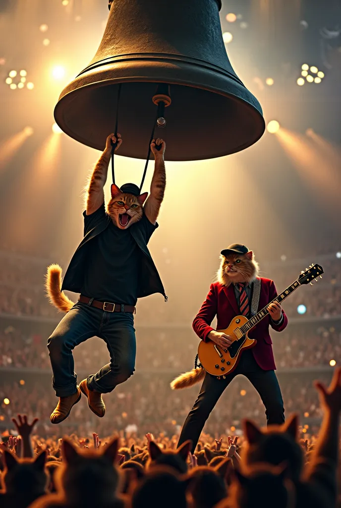 A  photo of the hardrock band Ac/dc two diffrent character cats. Brian Johnson cat singing and he swing him self on a huge hellbell hanging in the air  over the stage , he wering black jeans, black cap and black T-shirt and Angus young cat playing electric...