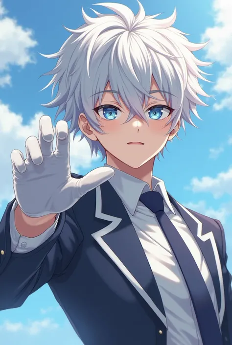 young boy,he has white hair,white eyes,he is an anime U.A. high school hero student,he dosn't wear a tie,his quirk is "Erase",he can litearly erase everything-,people,objects-,you name it,he wears white gloves too 