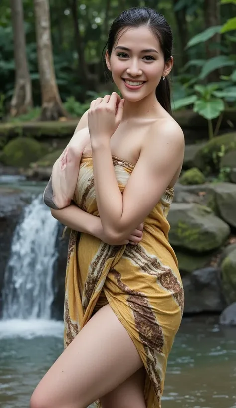 Realistic photo Of A chubby and fat indonesian woman,  visible to the feet , curvaceous body, using a white yellow brown wet batik sarong, face facing the camera.  Elegant elegant style elegant aesthetic . sexy butt, big ass and hips, Good Detail . stand s...