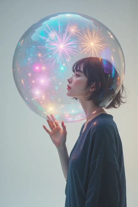 masterpiece, ultra detail, 8k, 1 girl, Imagine a surreal scene with a human-sized soap bubble floating effortlessly in mid-air. Inside the bubble, there is a dazzling display of fireworks, glowing in aurora colors. A beautiful woman, her profile captured i...