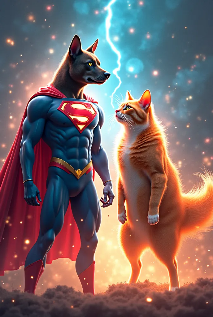 A dog and cat each with glowing auras, turning into superheroes, their eyes glowing and capes fluttering