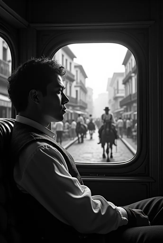 Crisostomo Ibarra in a coach looking outside the streets of the Philippines when it was colonized by Spain, black and white