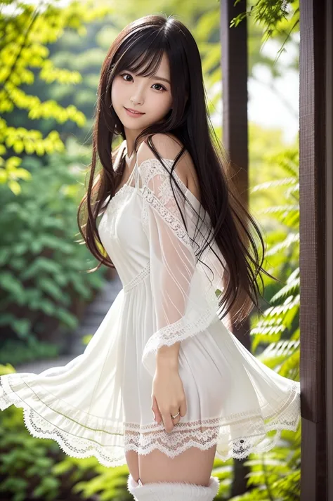  Japanese model posing in a white sheer dress and boots、semi-long black hair、 lace dress ,   White and Fluffy Clothes,   beautiful shrine garden  ,   Elegant and attractive ,  wearing a dress looking at the camera 、looking at the camera、 beautiful eyes in ...